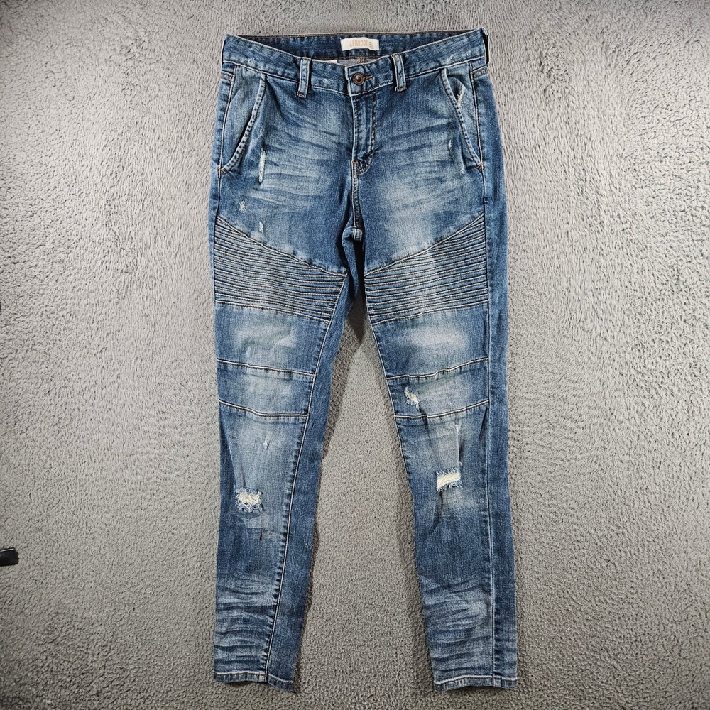 Aphrodite Womens Moto Skinny Jeans Medium Wash Distressed Ribbed Size 9